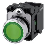 Illuminated pushbutton, 22 mm, round, Metal, shiny, green, pushbutton, flat, momentary contact type, with holder, 1NO, LED module with  3SU1156-0AB40-3BA0-Z Y10