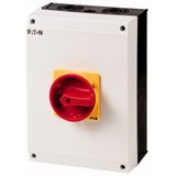 Safety switch, P3, 100 A, 3 pole, 1 N/O, 1 N/C, Emergency switching off function, With red rotary handle and yellow locking ring, Lockable in position