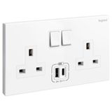 Galion - 2 gangs British Standard switched single pole socket outlet - 13A - with 3A type-A and type-C USB chargers - White