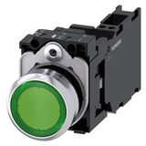 Illuminated pushbutton, 22 mm, round, metal, shiny, green, pushbutton, flat, momentary contact type, with holder, 1 NO+1 NC, LED module with integrated  3SU1153-0AB40-3FA0-Z Y19