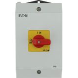 On-Off switch, P1, 40 A, surface mounting, 3 pole + N, Emergency switching off function, with red thumb grip and yellow front plate, hard knockout ver