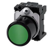 Pushbutton, compact, with extended stroke (12 mm), 22 mm, round, plastic, green, pushbutton, flat, momentary contact type,  3SU1200-0EB40-0AA0-Z Y19