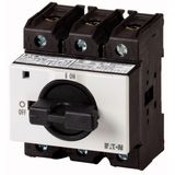 On-Off switch, P3, 63 A, service distribution board mounting, 3 pole + N, 1 N/O, 1 N/C, with black thumb grip and front plate