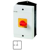 On-Off switch, P1, 32 A, surface mounting, 3 pole + N, Emergency switching off function, with red thumb grip and yellow front plate, hard knockout ver