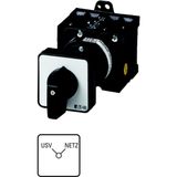 Changeoverswitches, T3, 32 A, rear mounting, 2 contact unit(s), Contacts: 4, 90 °, maintained, Without 0 (Off) position, USV-NETZ, Design number 15542