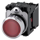 Illuminated pushbutton, 22 mm, round, metal, shiny, red, pushbutton, flat, momentary contact type, with holder, 1NC, LED module with integrated  3SU1153-0AB20-1CA0-Z Y19