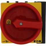 Main switch, P1, 40 A, flush mounting, 3 pole, 1 N/O, 1 N/C, Emergency switching off function, With red rotary handle and yellow locking ring, Lockabl