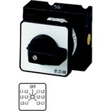 Voltmeter selector switches, T3, 32 A, center mounting, 4 contact unit(s), Contacts: 8, 45 °, maintained, With 0 (Off) position, 0-L1/L2 L2/L3 L3/L1,