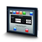 Touch screen HMI, 12.1 inch, TFT, 256 colors (32,768 colors for .BMP/.JPG), 800x600 pixels, 2 x RS-232C ports, 60MByte memory, 24 VDC, black case NS120010C