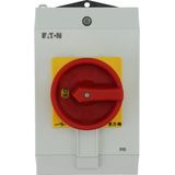 Main switch, P1, 40 A, surface mounting, 3 pole + N, Emergency switching off function, With red rotary handle and yellow locking ring, Lockable in the