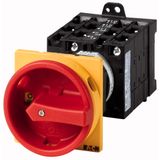 Main switch, T3, 32 A, rear mounting, 5 contact unit(s), 10-pole, Emergency switching off function, With red rotary handle and yellow locking ring