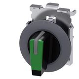 Selector switch, illuminable, 30 mm, round, Metal, matte, green, selector switch, short, front ring for flush installation, 3 switch positions I-O-II,  3SU1062-2DL40-0AA0-Z Y15