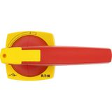 Switch-disconnector, DMV, 250 A, 3 pole, Emergency switching off function, With red rotary handle and yellow locking ring, With metal shaft for a cont