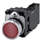 Illuminated pushbutton, 22 mm, round, metal, shiny, red, pushbutton, flat, momentary contact type, with holder,  3SU1156-0AB20-1FA0-Z Y11