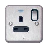 Synergy™ Authentic - 1 gang switched single pole BS socket outlet 13A + blue led power indicator Brushed Stainless steel