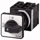 On-Off switch, T0, 20 A, centre mounting, 5 contact unit(s), 10-pole, with black thumb grip and front plate