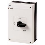 On-Off switch, P3, 63 A, surface mounting, 3 pole, 1 N/O, 1 N/C, with black thumb grip and front plate