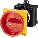 Main switch, T0, 20 A, rear mounting, 1 contact unit(s), 2 pole, Emergency switching off function, With red rotary handle and yellow locking ring, Loc