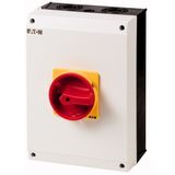 Main switch, P3, 100 A, surface mounting, 3 pole + N, Emergency switching off function, With red rotary handle and yellow locking ring, Lockable in th