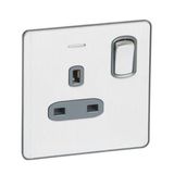 Synergy™ Sleek - 1 gang switched single pole BS socket outlet 13A + blue led power indicator Brushed Stainless steel