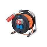 Hardrubber cable reel  290mmO40m H07BQ-F 5G1,5 orange with CEE plug 400V/16A/5pole2 Schuko sockets, 230V/16A with hinged lids,1 CEE socket 400V/16A/5poleThermal cut-out230V/16A/max. 3500WIP44