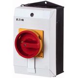 Main switch, P1, 25 A, surface mounting, 3 pole, Emergency switching off function, With red rotary handle and yellow locking ring, Lockable in the 0 (