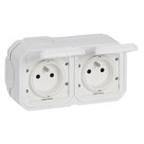 Double horizontal pre-wired power socket Plexo std Franco-Belgian 16A 250V - Complete surface mounted - White - IP55 - IK08