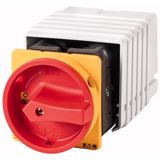 Main switch, T5, 100 A, flush mounting, 6 contact unit(s), 9-pole, 2 N/O, 1 N/C, Emergency switching off function, With red rotary handle and yellow l