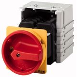 Main switch, T5, 100 A, rear mounting, 5 contact unit(s), 9-pole, Emergency switching off function, With red rotary handle and yellow locking ring