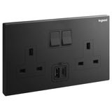 Galion 2 gang BS switched single pole socket outlet - 13A - with 3A type-A and type-C USB chargers - matt black