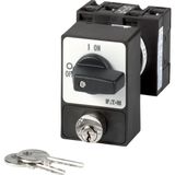 ON-OFF switches, T3, 32 A, flush mounting, 3 pole, with black thumb grip and front plate, Cylinder lock SVA