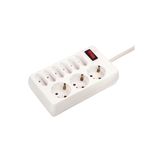 9 way socket outlet 1,4m H05VV- F 3G1,5 cable white 6 euro and 3 DIN 10/16A. reinforced safety thanks children protection, on/off switch with control light 45° orientated socket outlets 250V / 10A / 16A   max. 3500 W in polybag with label