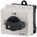 On-Off switch, P1, 32 A, service distribution board mounting, 3 pole, 1 N/O, 1 N/C, with black thumb grip and front plate