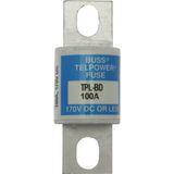 Eaton Bussmann series TPL telecommunication fuse, 170 Vdc, 70A, 100 kAIC, Non Indicating, Current-limiting, Bolted blade end X bolted blade end, Silver-plated terminal