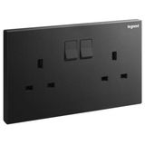 Galion 2 gang BS switched single pole socket outlet - 13A - matt black