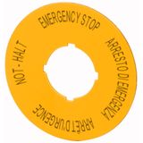 Label, emergency stop, D=60mm, yellow, DE, EN, FR, IT