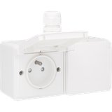 Splashproof double horizontal wall socket with pin earthing, shutters and plug-in terminals; includes surface-mounting box with one input on the upper side, white