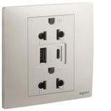 281204CH Mallia Senses 1 gang EURO/US socket outlet - 16A - 2 x 2 Poles + Earth - with 3000mA A and C types USB chargers -white