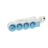 Extra-flat power strip extension equipped with 4 2P+E 16A 3680W sockets with 1.5m length cord - white and blue