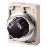 Changeover switch, RMQ-Titan, with rotary head, maintained, 2 positions, inscribed, Front ring stainless steel, AUTO HAND
