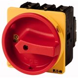 Main switch, P3, 100 A, flush mounting, 3 pole, 1 N/O, 1 N/C, Emergency switching off function, With red rotary handle and yellow locking ring, Lockab