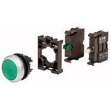 Illuminated pushbutton actuator, RMQ-Titan, flush, momentary, green, Blister pack for hanging