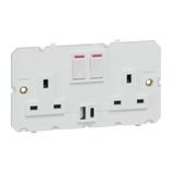 Arteor 2 Gang 13A Single Pole Switched Socket Outlet with USB Type-A and Type-C 3A Chargers Soft Alu