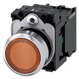 Illuminated pushbutton, 22 mm, round, metal, shiny, amber, pushbutton, flat, momentary contact type, with holder, 1NO, LED module with integrated  3SU1156-0AB00-1BA0-Z Y19