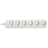 6-Way French Schuko Mains Power Extension, White Multi-socket outlet with 6 French sockets at 45°, for easy connection, 1.4m power cord.