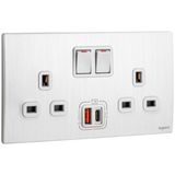 Mallia Senses - 2 gang single pole switched socket outlets - with USB A+C 27W charger - Brushed Aluminium