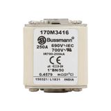 Fuse-link, high speed, 250 A, AC 690 V, compact size 1, 45 x 59 x 51 mm, aR, IEC, UL, single indicator, flush end, M8