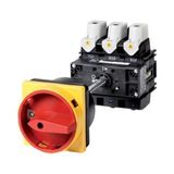 Main switch, P5, 125 A, rear mounting, 3 pole, 1 N/O, Emergency switching off function, With red rotary handle and yellow locking ring, Lockable in th
