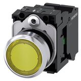 Illuminated pushbutton, 22 mm, round, metal, shiny, yellow, pushbutton, flat, momentary contact type, with holder, 1NO, LED module with  3SU1153-0AB30-3BA0-Z Y10