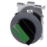 Selector switch, illuminable, 30 mm, round, Metal, matte, green, selector switch, short, front ring for flush installation,  3SU1062-2DC40-0AA0-Z Y12